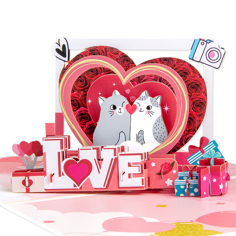 Romantic Cats in Heart Frame LOVE Design Pop Up Card