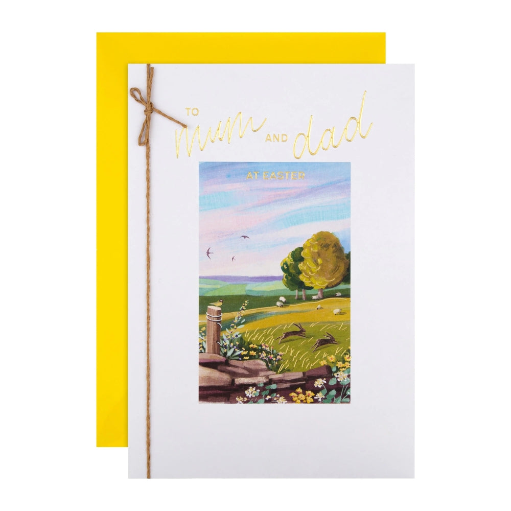 Classic Spring Field Design with Gold Foil & String Attachment Mum and Dad Easter Card