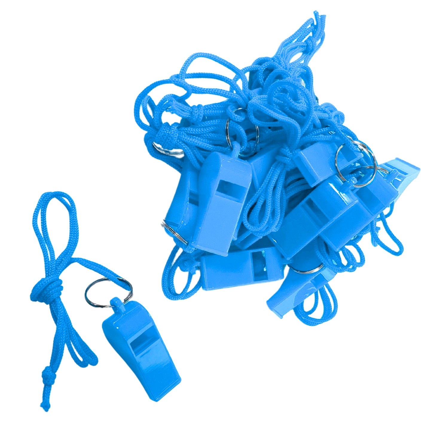 Pack of 100 Light Blue Plastic Whistles with Lanyard Neck Cord