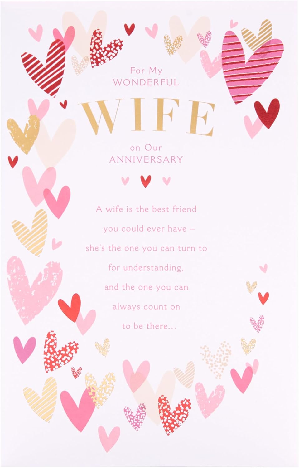 Pink & Gold Hearts Design Wife Anniversary Card