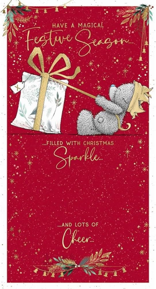 Bear Pulling Big Present Open Christmas Card