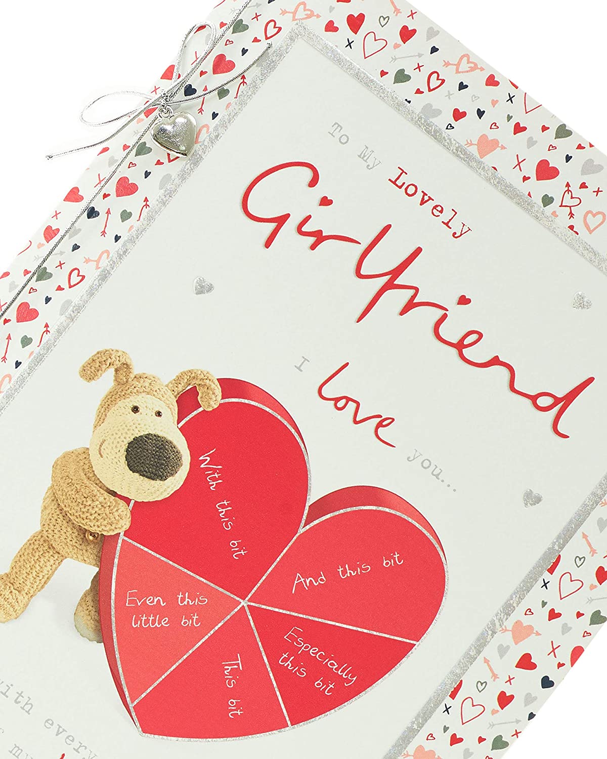 To My Lovely Girlfriend Boofle With Heart Valentine's Day Card with Silver Bow