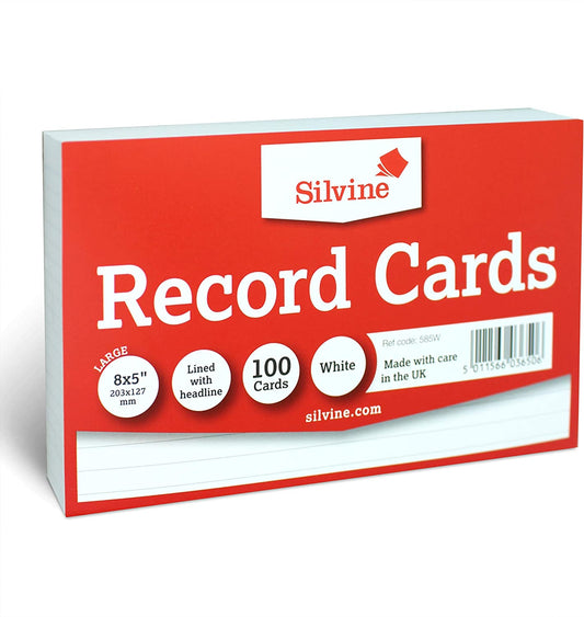 Pack of 100 White Record Cards 8x5" (203 x 127mm)