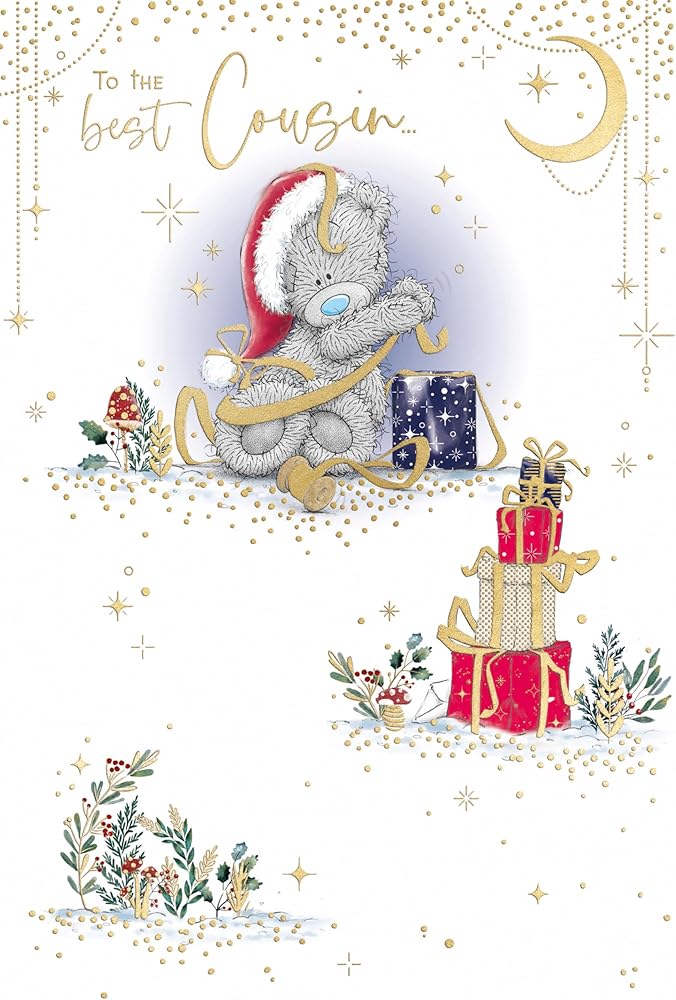 Bear Wrapping Gifts Cousin Christmas Card