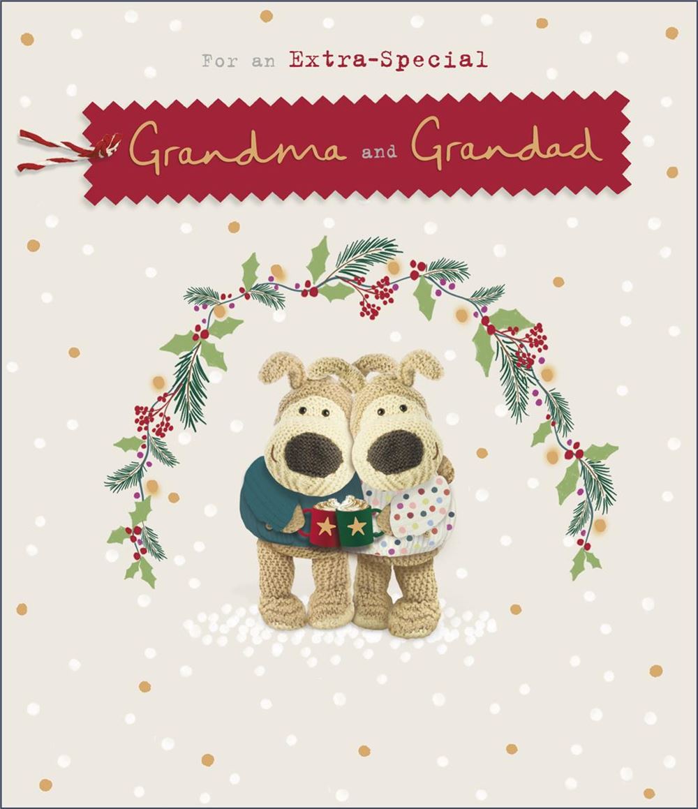 Boofles Holding Mugs Grandma and Grandad Christmas Card