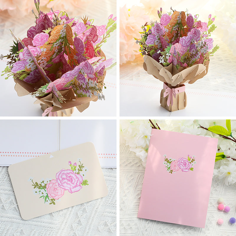 Bouquet of Pink Carnation 3D Pop Up Greeting Card - Mother's Day Anniversary Birthday
