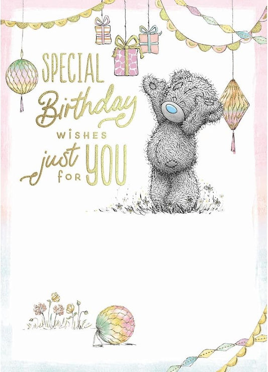 Bear With Hanging Presents Special Birthday Wishes Just For You Birthday Card