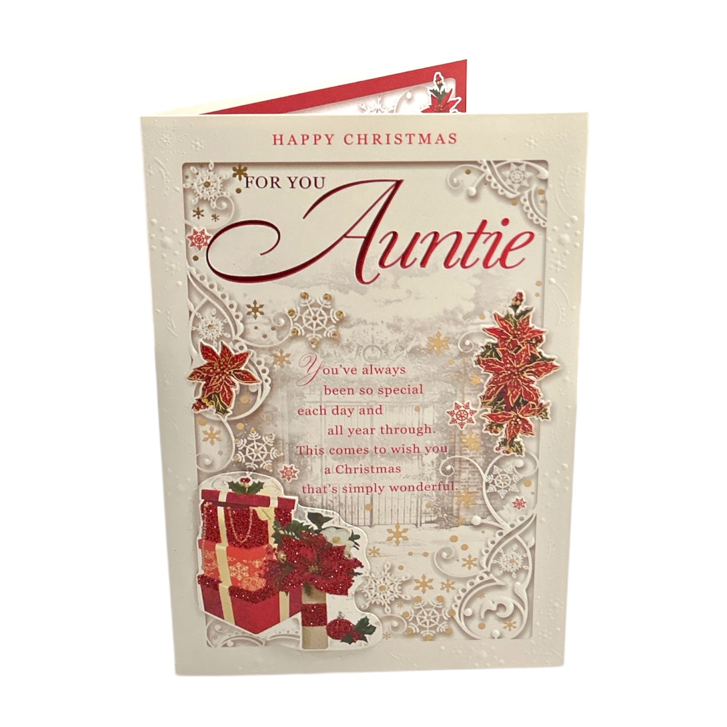 For You Auntie Poinsettias and Gifts Design Christmas Card