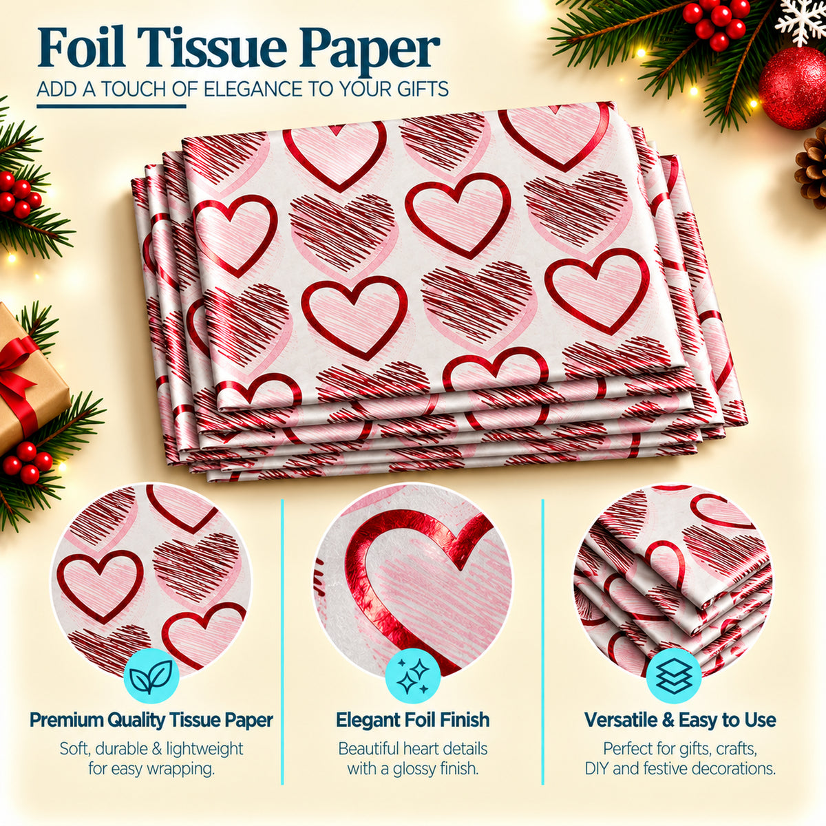 Pack of 5 Heart Medley Design 50 x 70 cm Luxury Red Foil Tissue Sheets - Valentines, Anniversary, Wedding