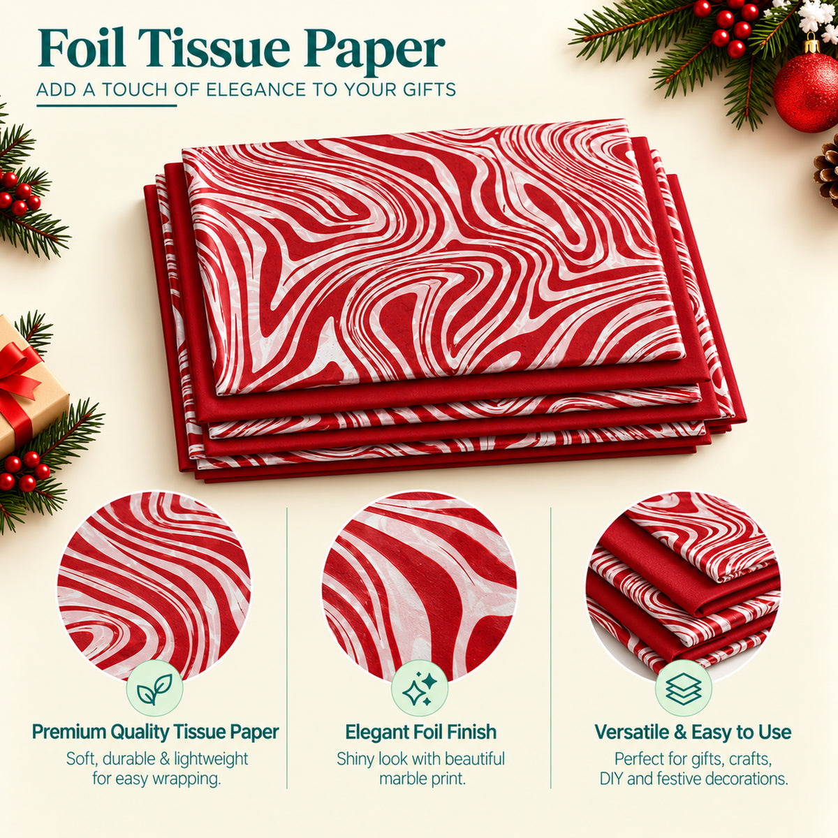 Pack of 8 Elegant Marble Luxury Red Foil Design & Plain Red 50 x 70 cm Tissue Sheets - Christmas, Valentine, Wedding