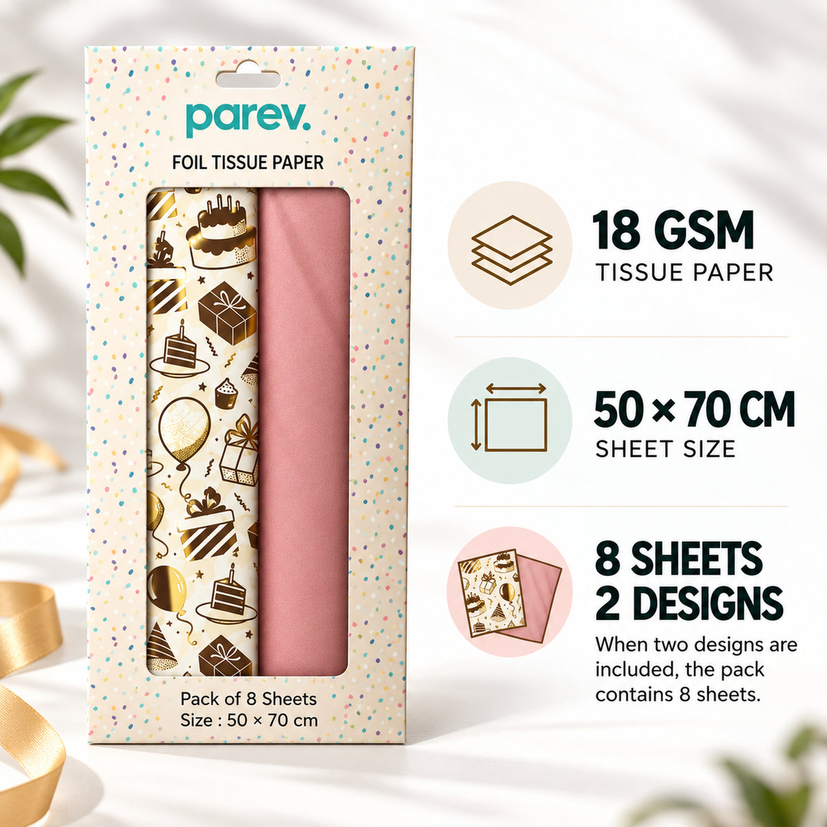 Pack of 8 Birthday Bliss Luxury Gold Foil Design & Plain Pink 50 x 70 cm Tissue Sheets - Girls, Cake, Celebration