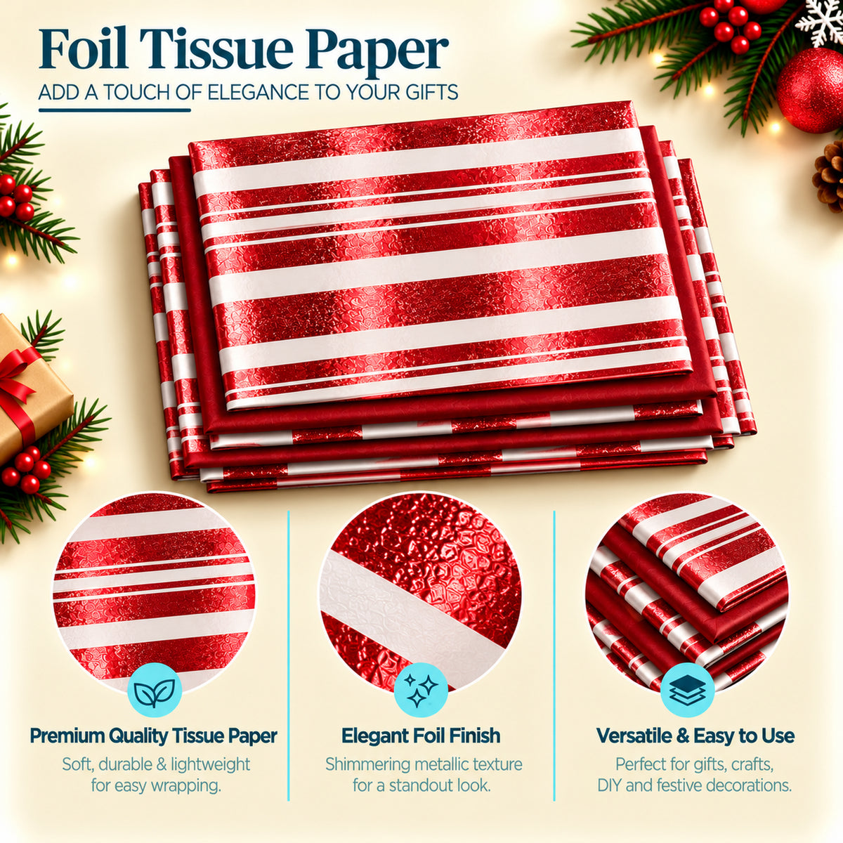 Pack of 5 Modern Stripe Band Design 50 x 70 cm Luxury Red Foil Tissue Sheets - Christmas, Valentines, Anniversary