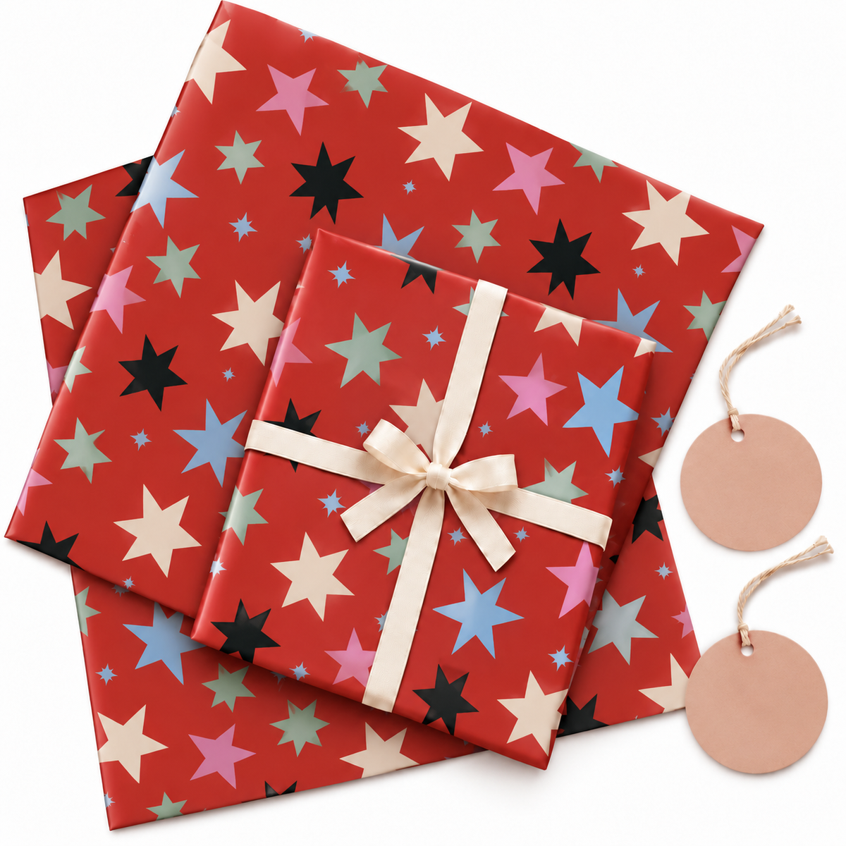 Pack of 2 Merry Starbust Christmas Design 50 x 70 cm Gift Wrap Sheets with 2 Tags
