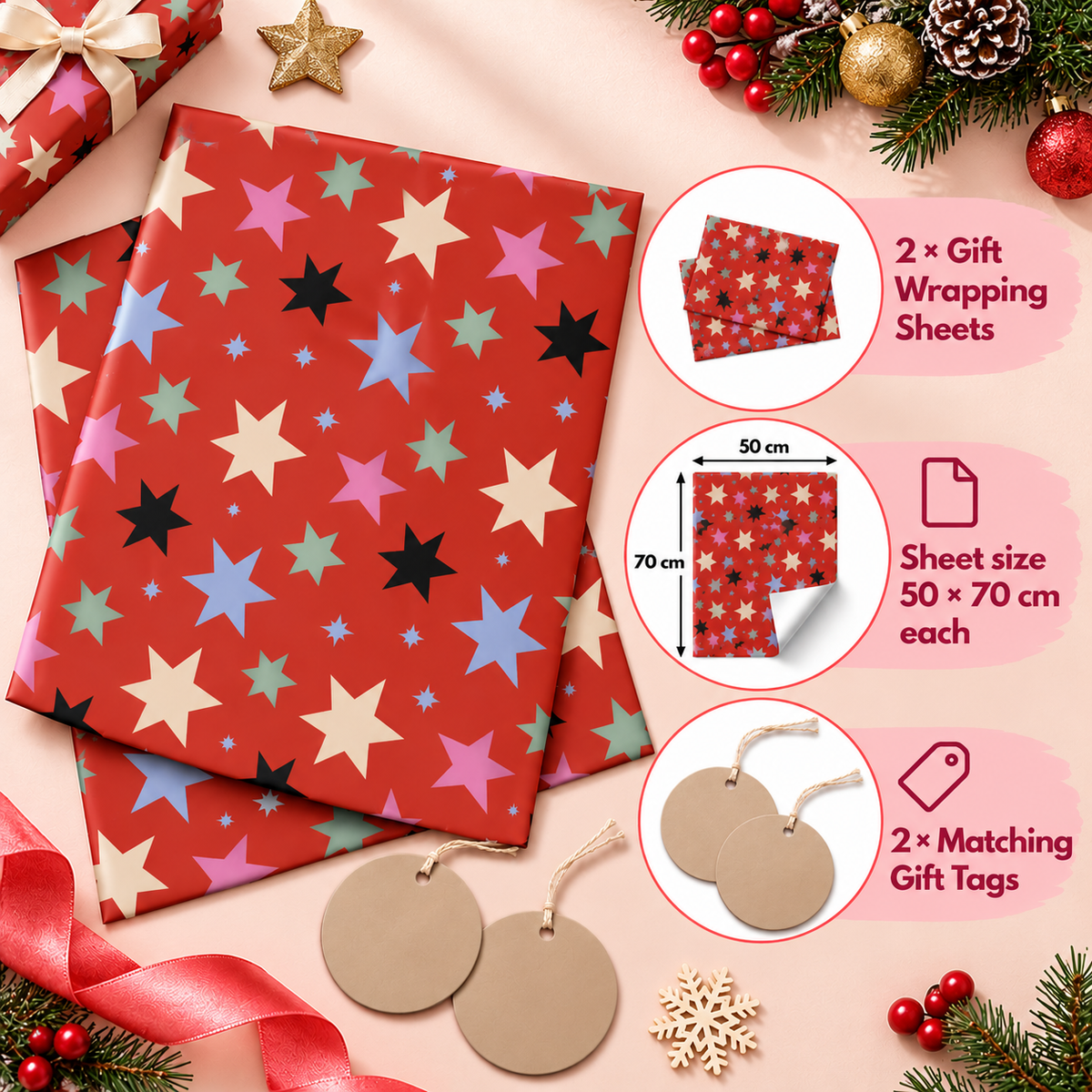 Pack of 2 Merry Starbust Christmas Design 50 x 70 cm Gift Wrap Sheets with 2 Tags