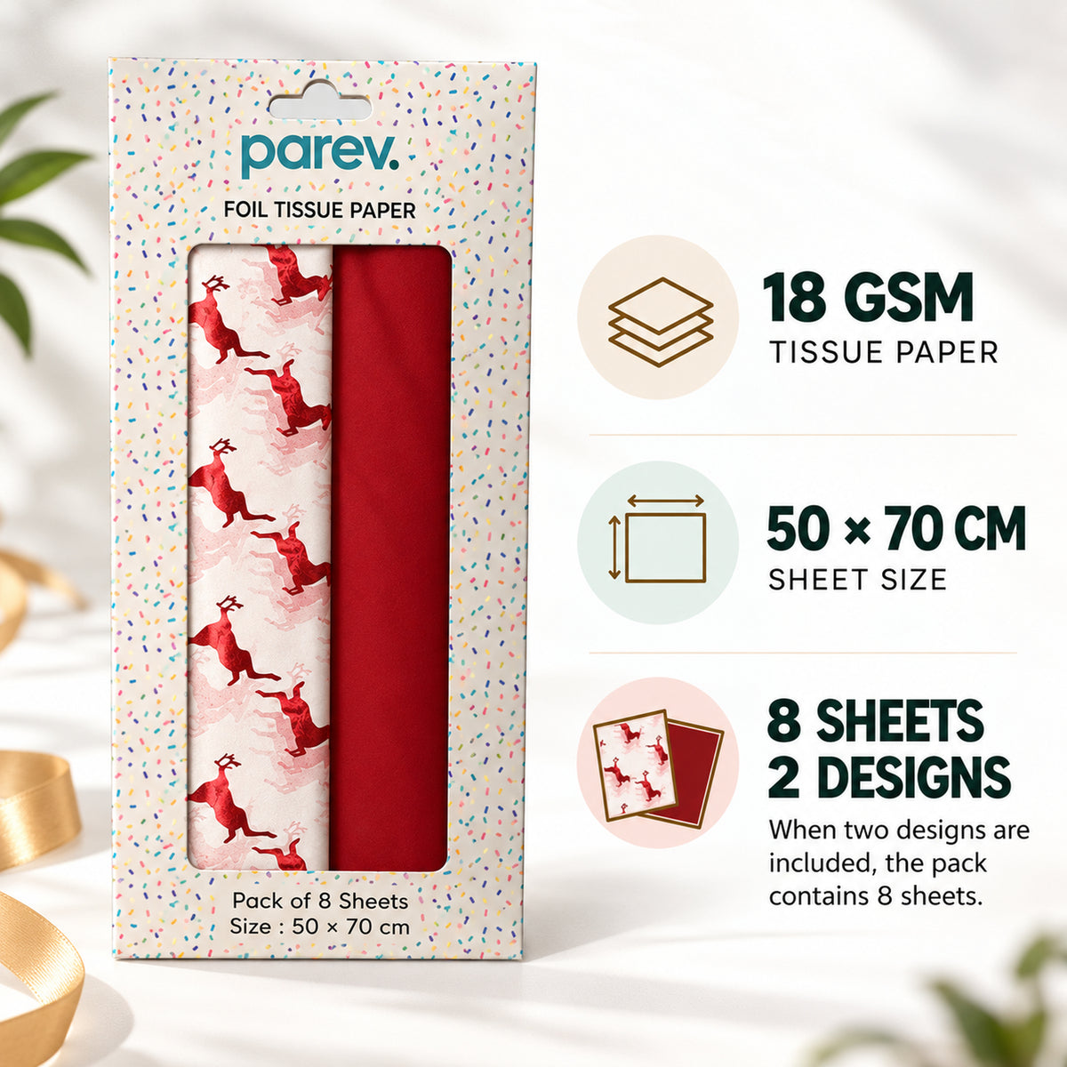 Pack of 8 Flying Reindeer Luxury Red Foil Design & Plain Red 50 x 70 cm Tissue Sheets - Christmas Winter Celebrations
