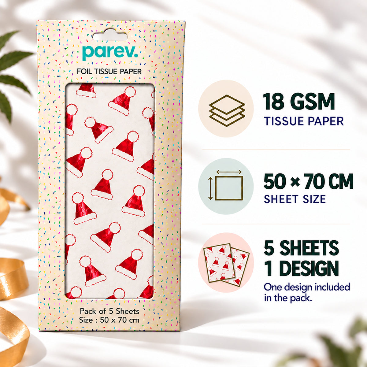 Pack of 5 Christmas Santa Hat Toss Design 50 x 70 cm Luxury Red Foil Tissue Sheets