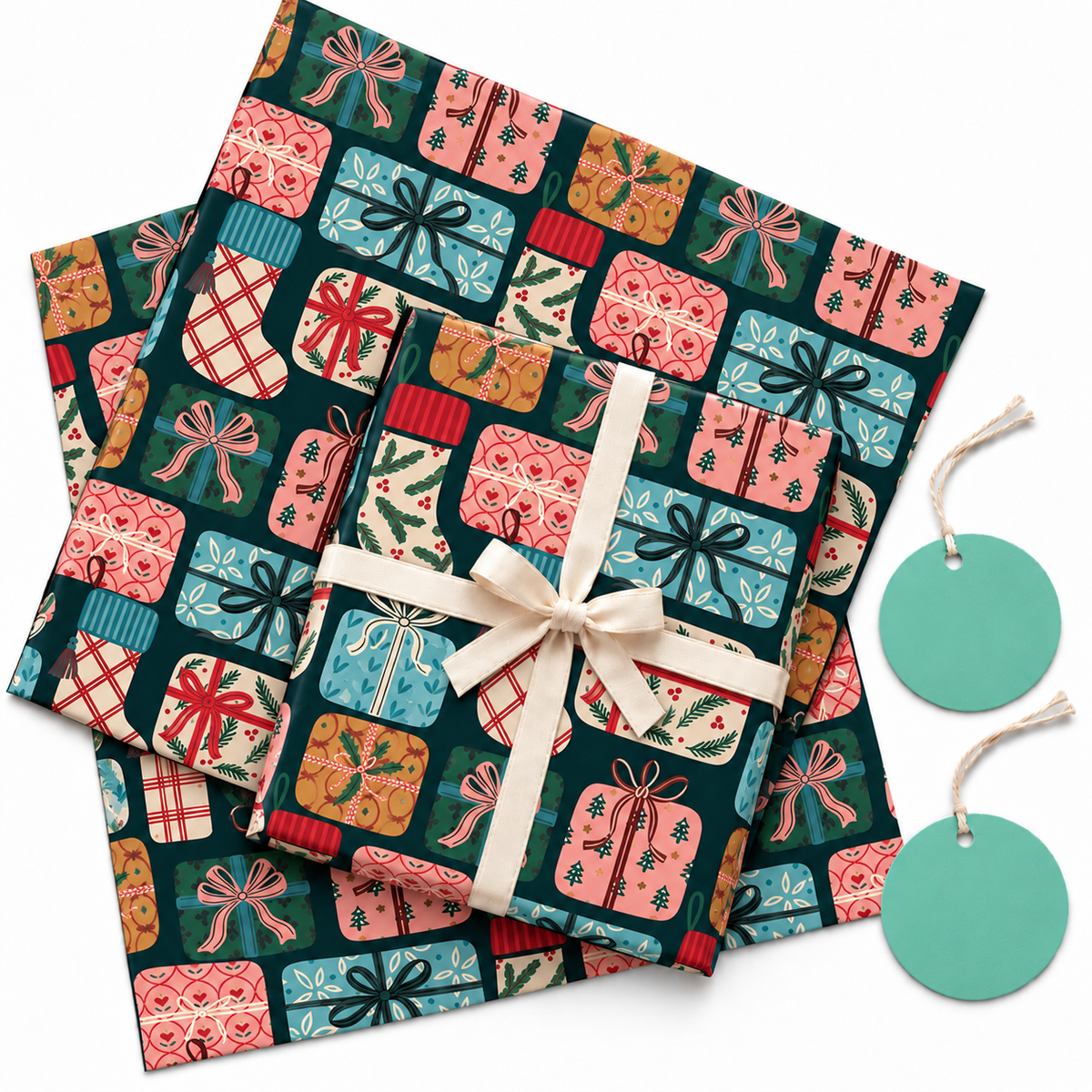 Pack of 2 Present Pattern Design 50 x 70 cm Gift Wrap Sheets with 2 Tags - Christmas Birthdays Kids Party Holiday Gifting