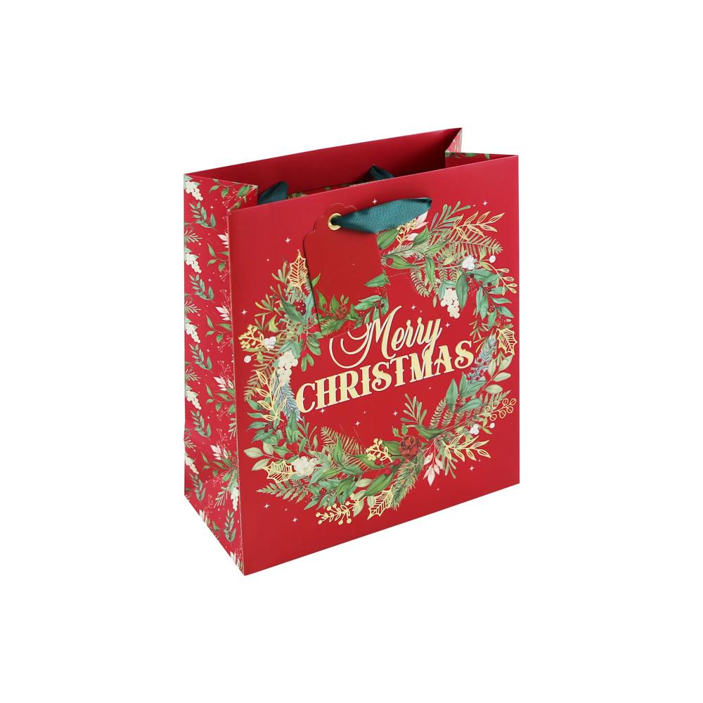 Merry Christmas Wreath Embossed Medium Red Gift Bag