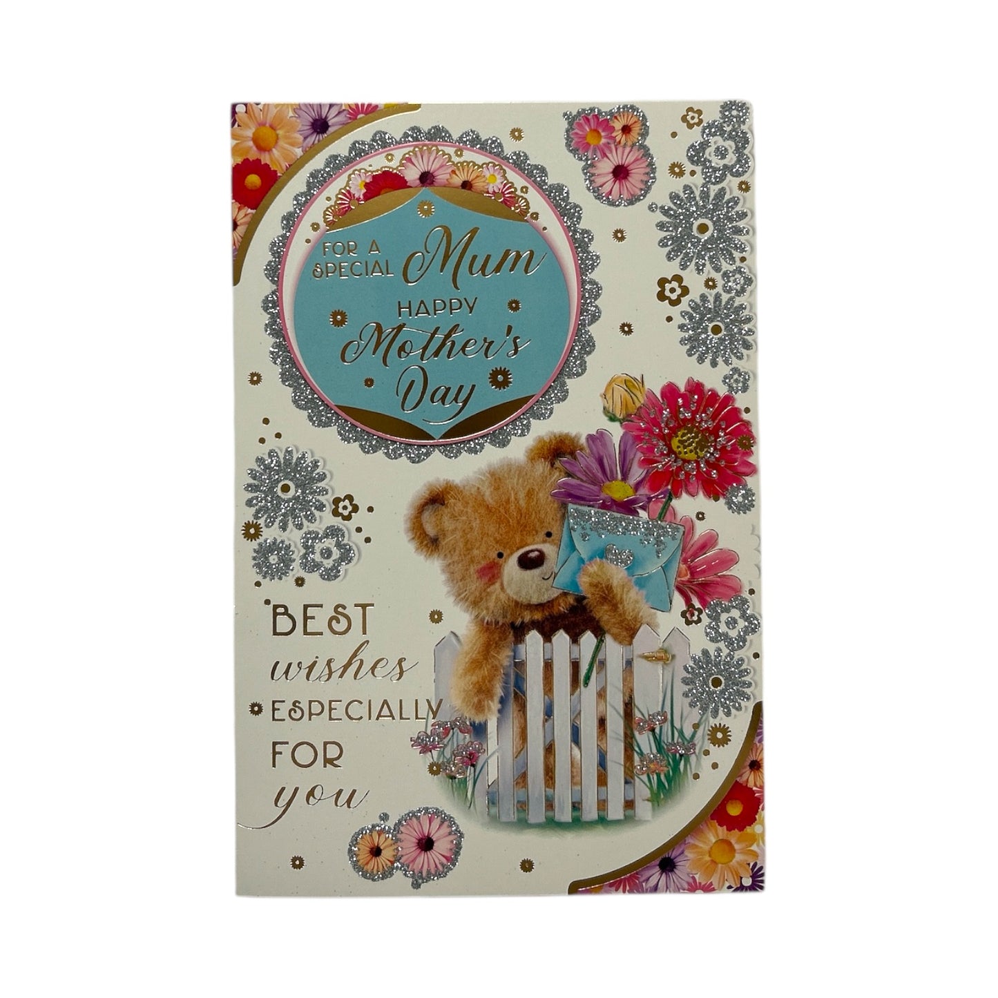 For A Special Mum Teddy With Envelope & Flowers Design Mother's Day Card