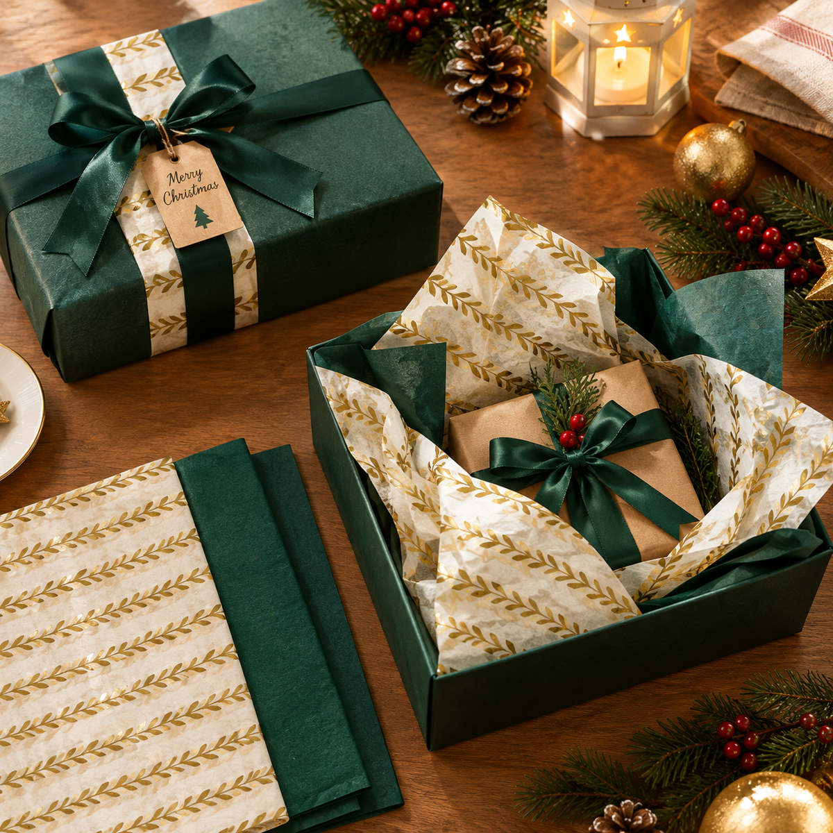 Pack of 8 Garden Bands Luxury Gold Foil Design & Plain Green 50 x 70 cm Tissue Sheets - Christmas Winter Celebrations Wedding Anniversary