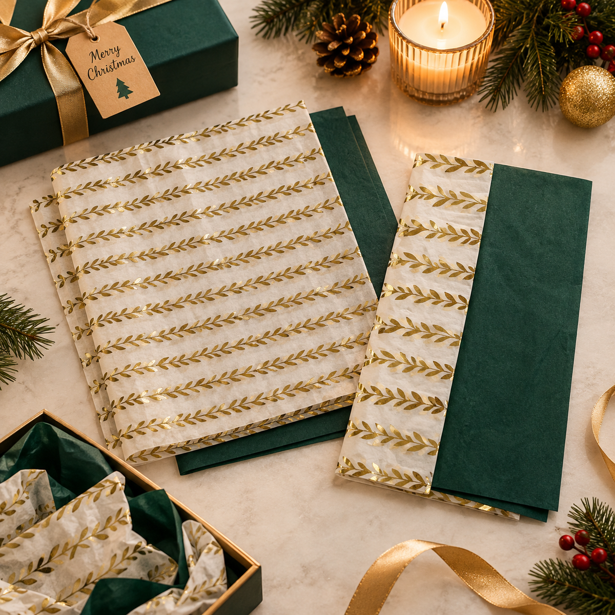 Pack of 8 Garden Bands Luxury Gold Foil Design & Plain Green 50 x 70 cm Tissue Sheets - Christmas Winter Celebrations Wedding Anniversary