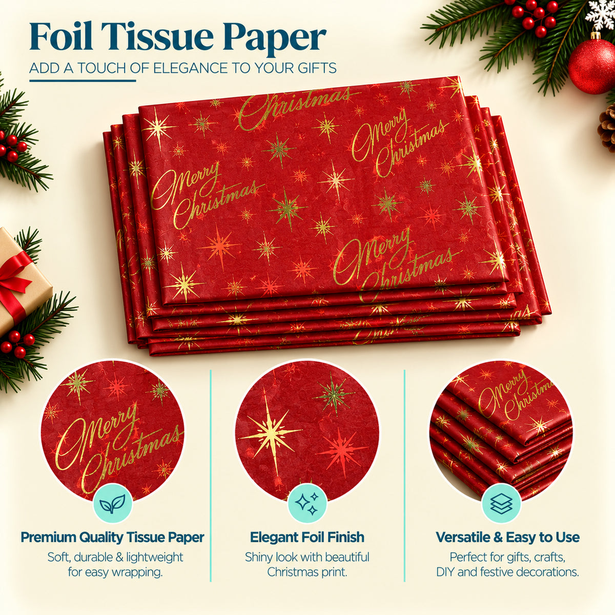Pack of 5 Red Merry Christmas Design 50 x 70 cm Luxury Gold Foil Tissue Sheets