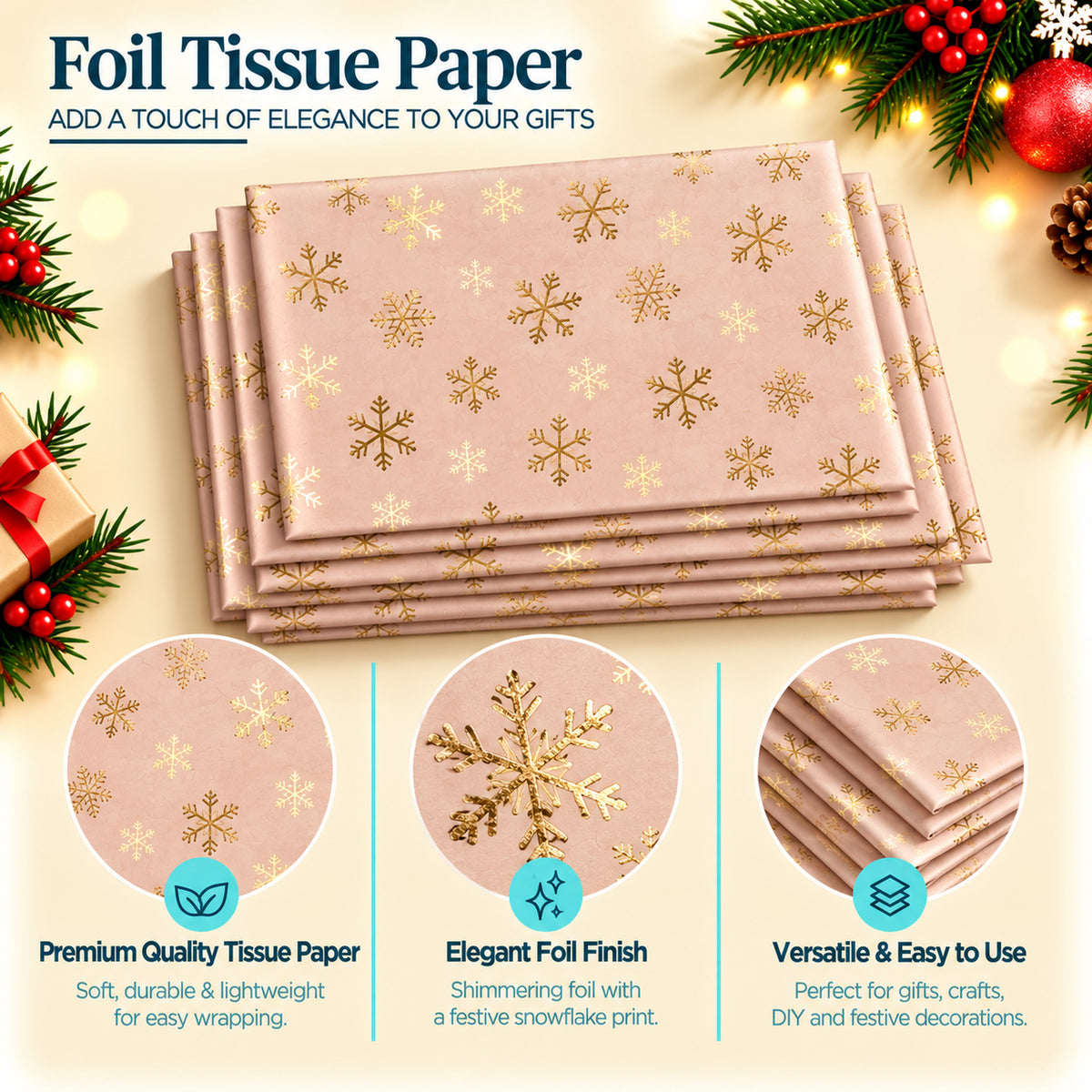 Pack of 5 Snowflakes Dots Design 50 x 70 cm Luxury Gold Foil Tissue Sheets - Christmas, Winter, Celebration