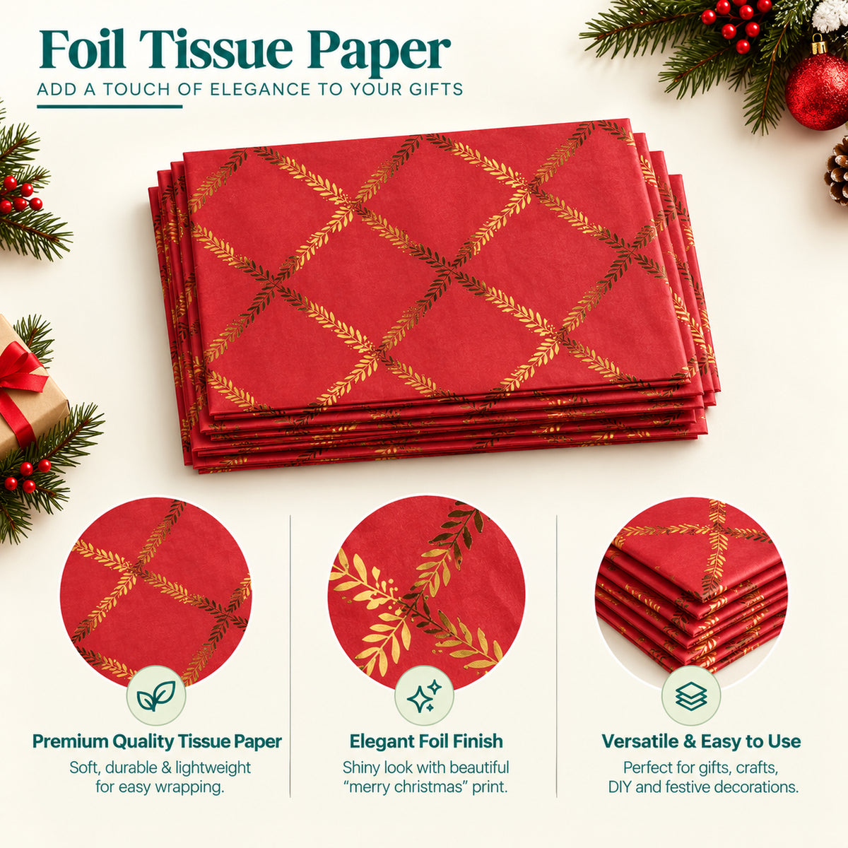Pack of 5 Red Leaf Lattice Frame Design 50 x 70 cm Luxury Gold Foil Tissue Sheets - Christmas, Valentine