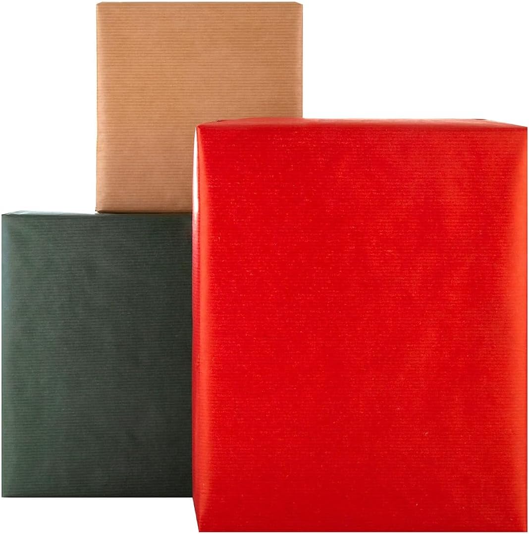 Pack of 3 Ribbed Kraft Christmas Wrapping Paper Rolls 2m x 69cm