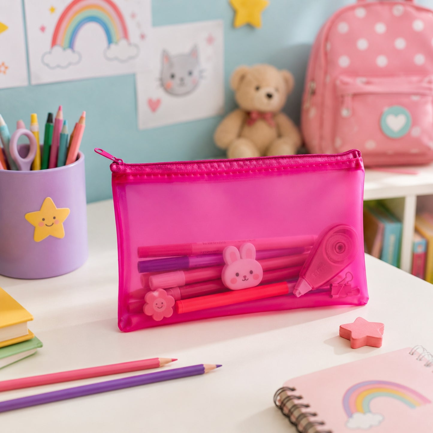 8x5" Frosted Pink Pencil Case - See Through Exam Clear Translucent