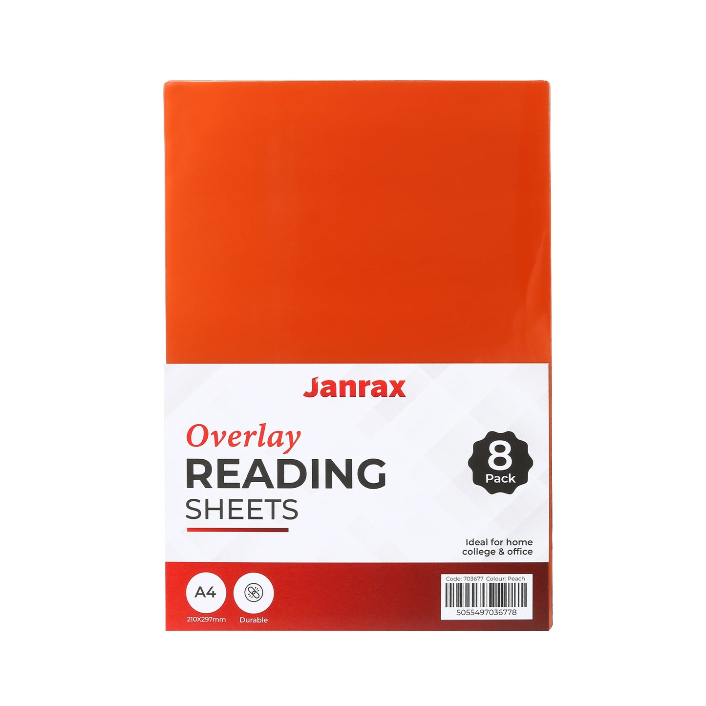 Pack of 8 A4 Plain Peach Dyslexia Overlay Reading Sheets – PET Material, Rounded Corners