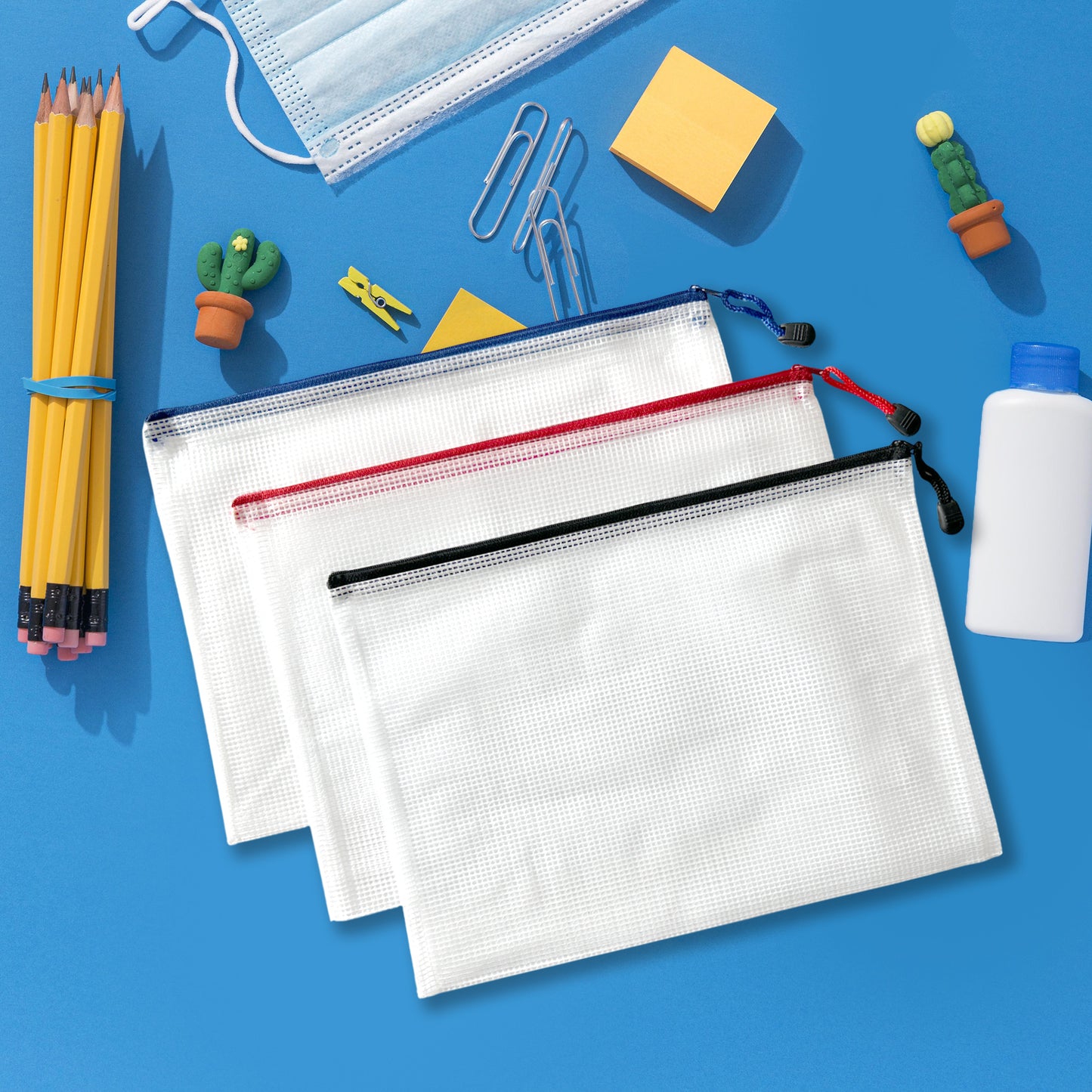 Pack of 3 A3 Assorted Coloured Strong Mesh Bags - Black, Blue, Red - Tough Waterproof Storage