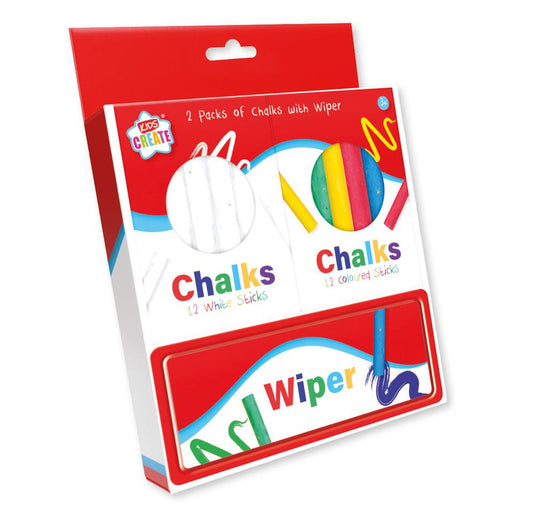 Pack of 12 White and 12 Colured Chalks With Wiper by Kidz Create
