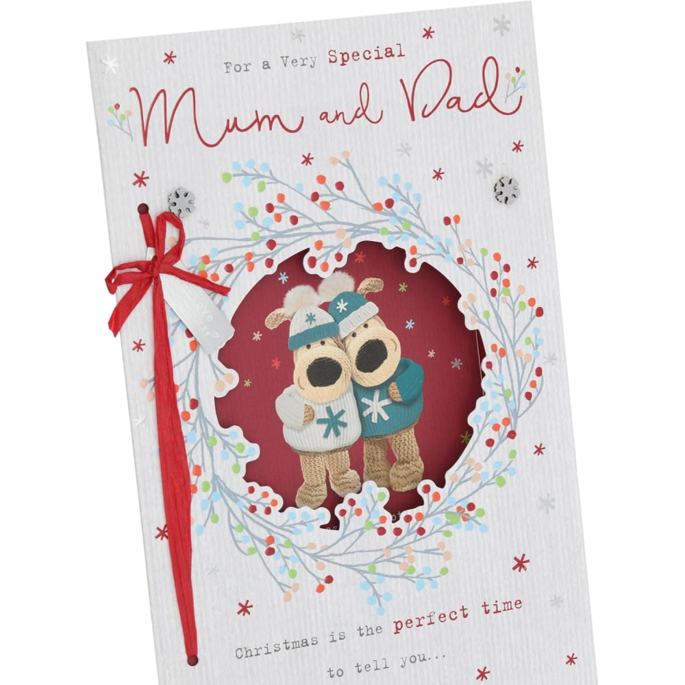 Boofles In Wreath Mum & Dad Christmas Card