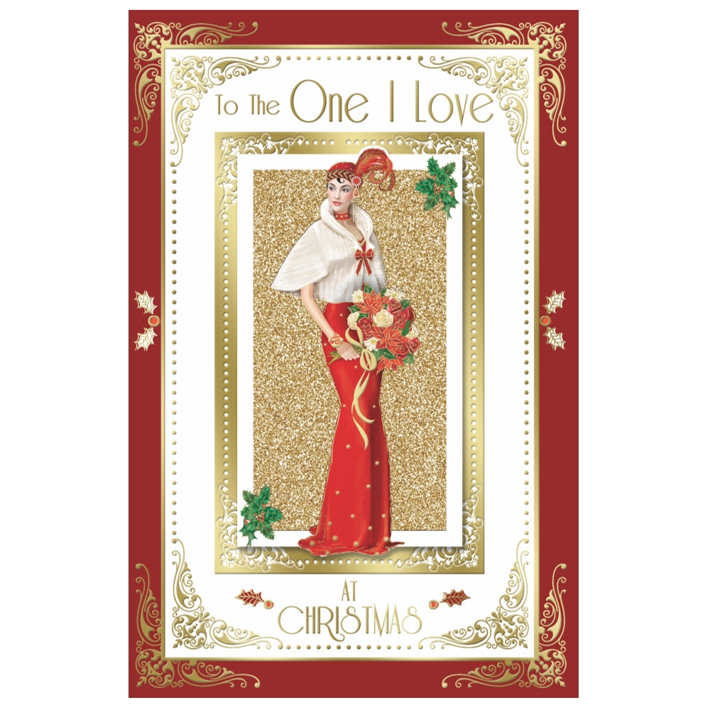 To The One I Love Elegant Woman Holding Flowers Design Christmas Card
