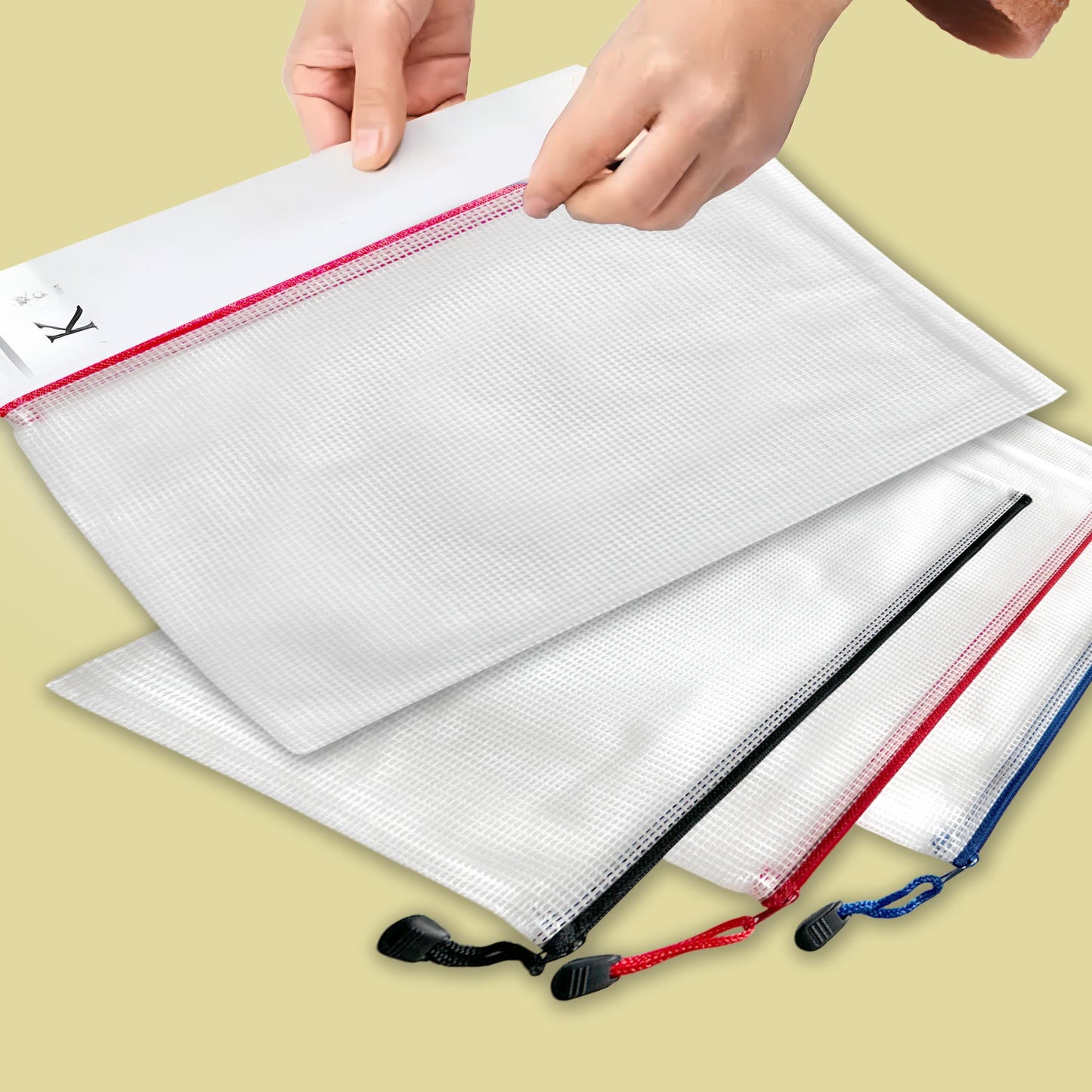 Pack of 3 A3 Assorted Coloured Strong Mesh Bags - Black, Blue, Red - Tough Waterproof Storage