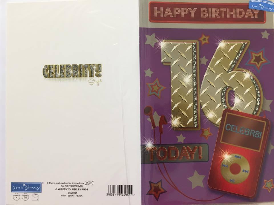 ipod Headphones and Stars Theme 16th Birthday Card With White Envelope 
