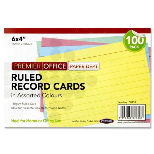 Pack of 100 6" x 4" Ruled Record Assorted Colour Cards by Premier Office