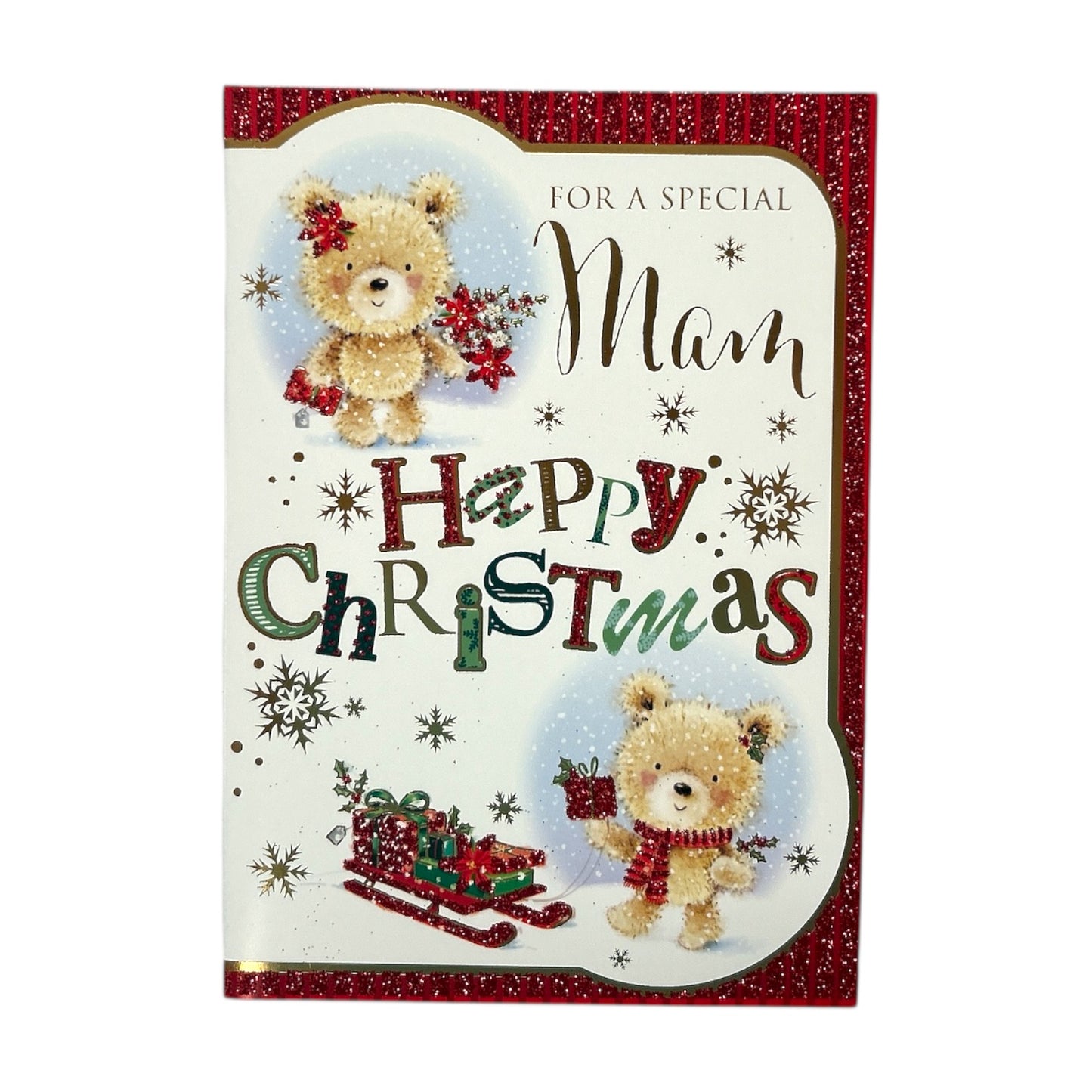 For a Special Mam Bear With Flowers and Gift Design Christmas Card