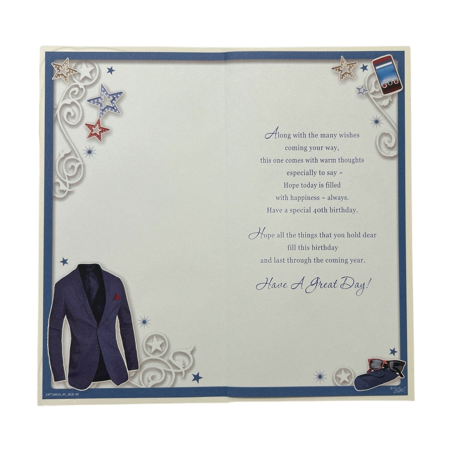 Age 40 Blue Blazer and Stars Deign Opacity Birthday Card