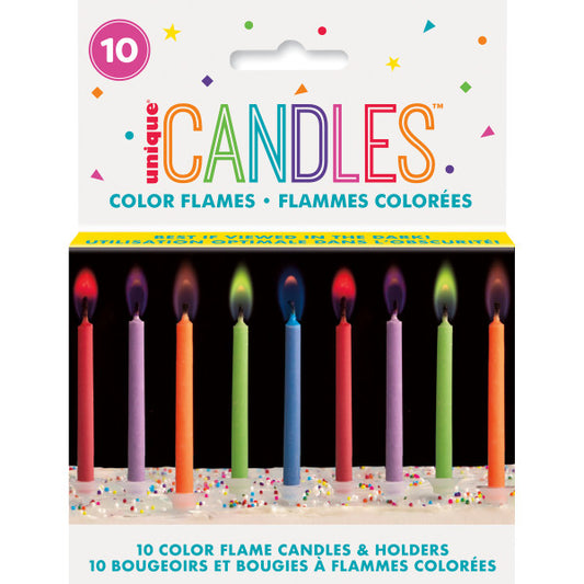 Pack of 10 Color Flame Birthday Candles & Holders