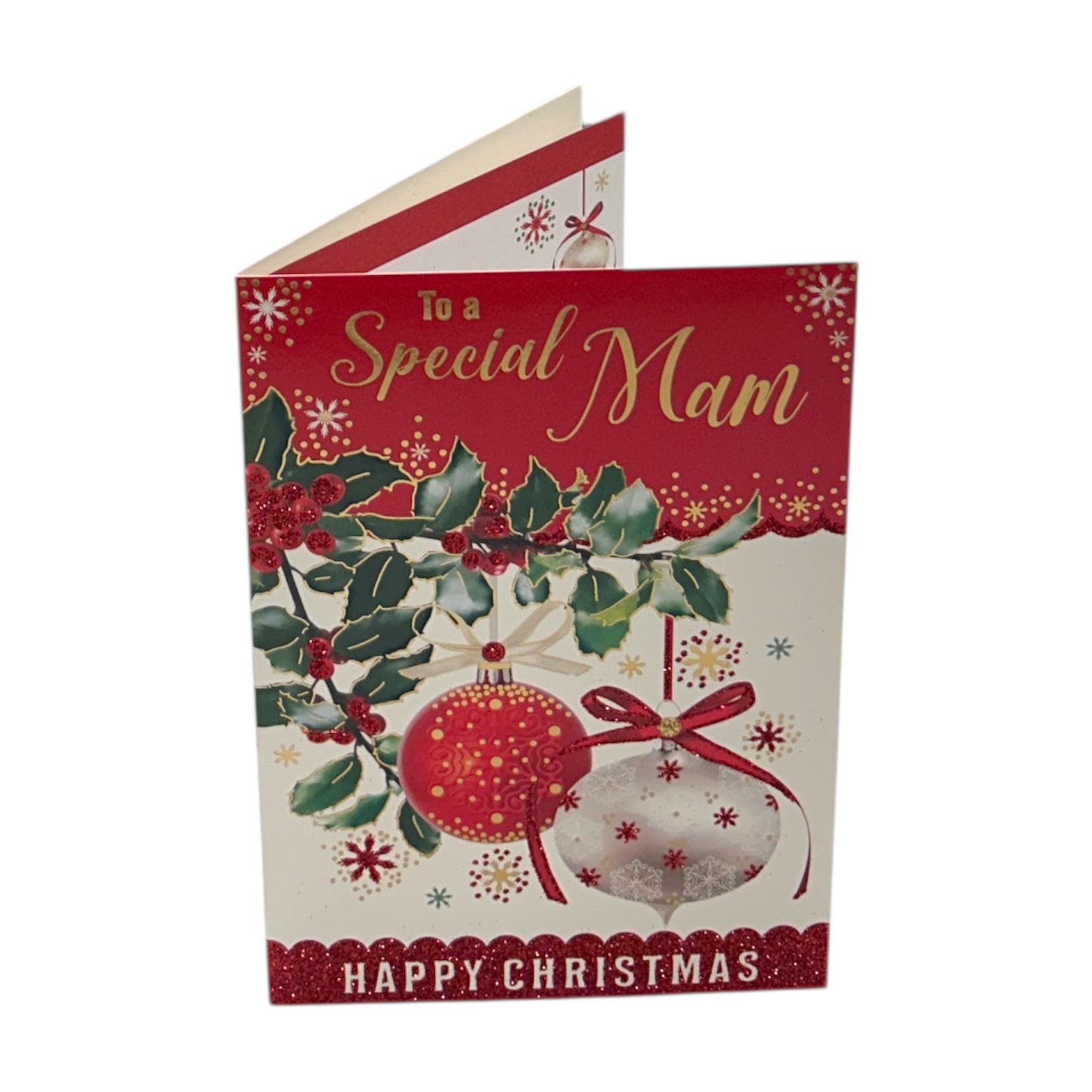 To a Special Mam Holly & Ornaments Christmas Card