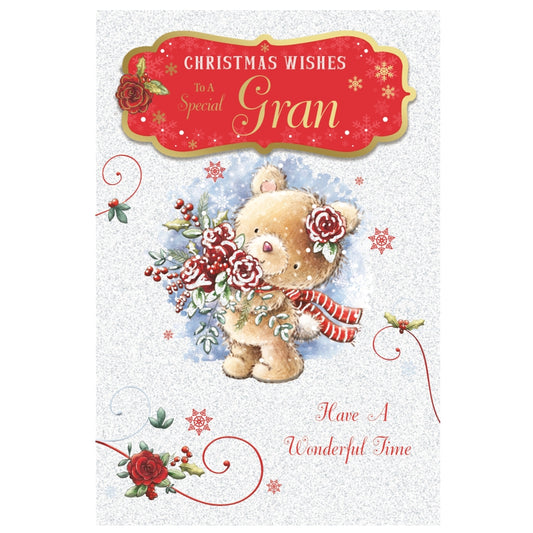 To a Special Gran Teddy With Bunch of Flowers Design Christmas Card