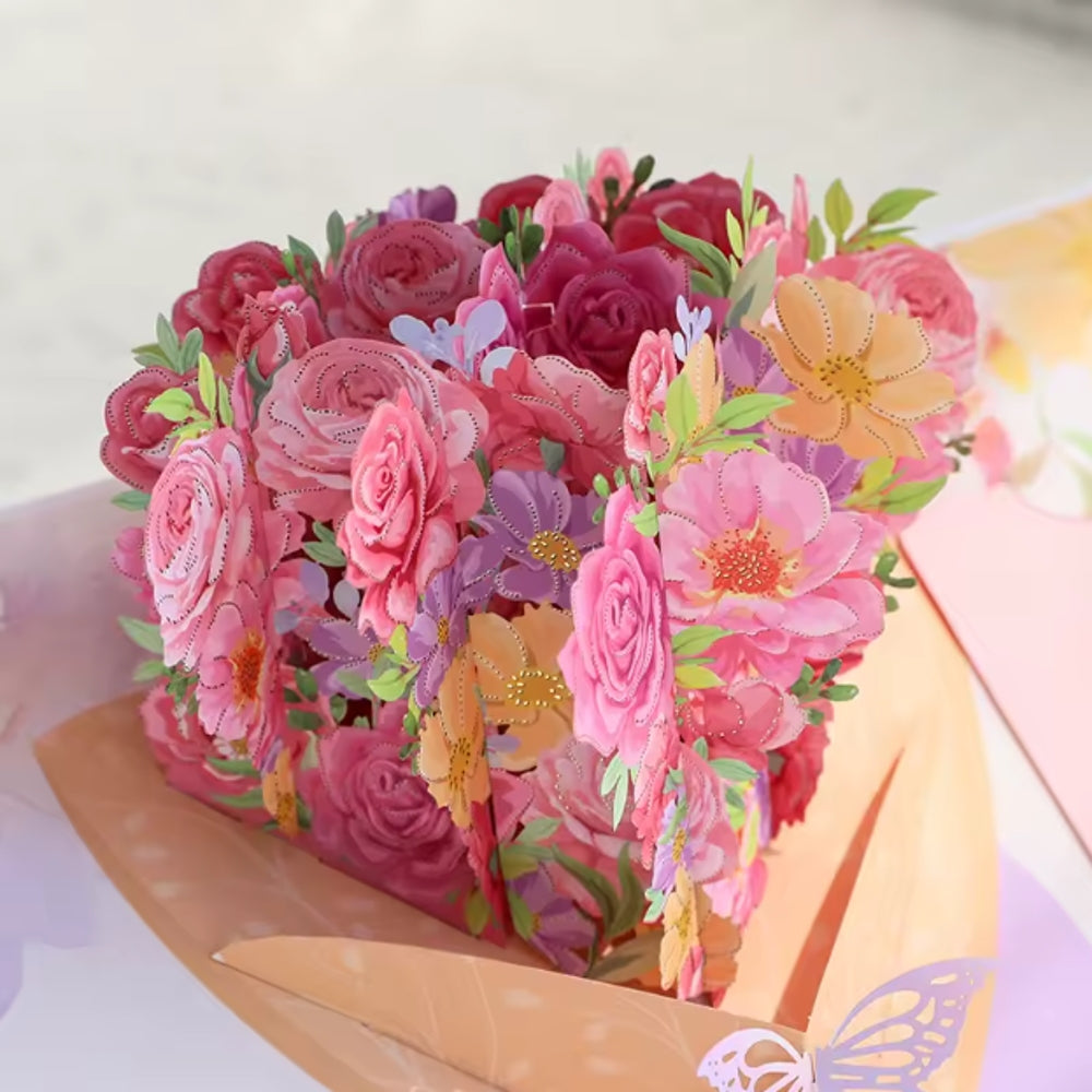 Pastel Pink Bouquet in Hands 3D Pop Up Greeting Card - Mother's Day Anniversary Birthday Thank You