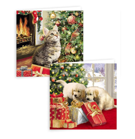 Pack of 10 Traditional Puppy and Kitten Design Square Christmas Cards