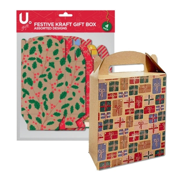 Pack of 4 Festive Kraft Designs Christmas Gift Boxes
