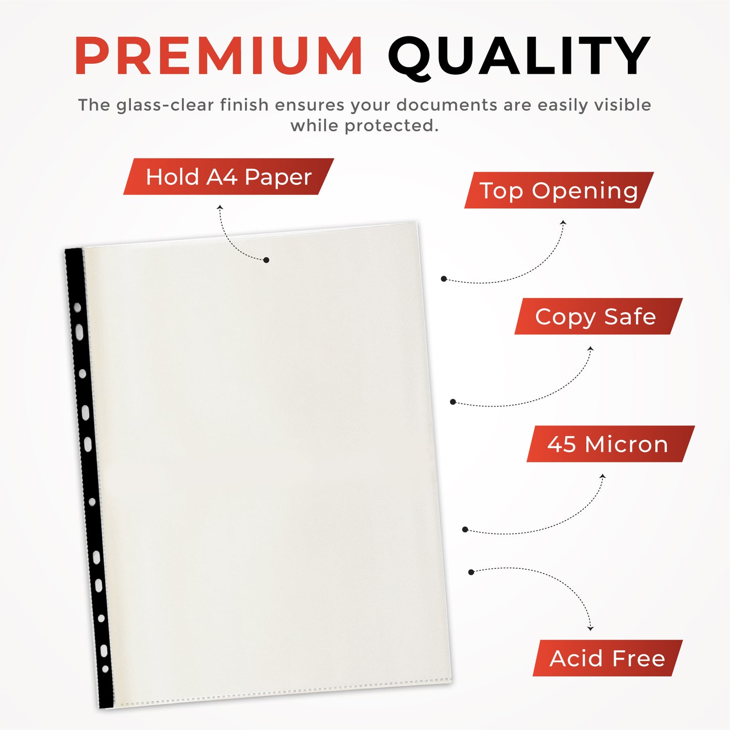 Pack of 125 A4 Punched Pockets with Assorted Coloured Reinforced Strip