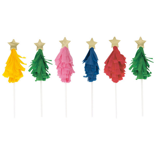 Pack of 6 Vibrant Christmas Tree Shaped Cake Toppers