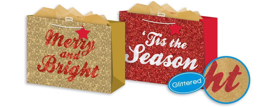 Pack of 12 Text Encapsulated Glitter Large Christmas Bags