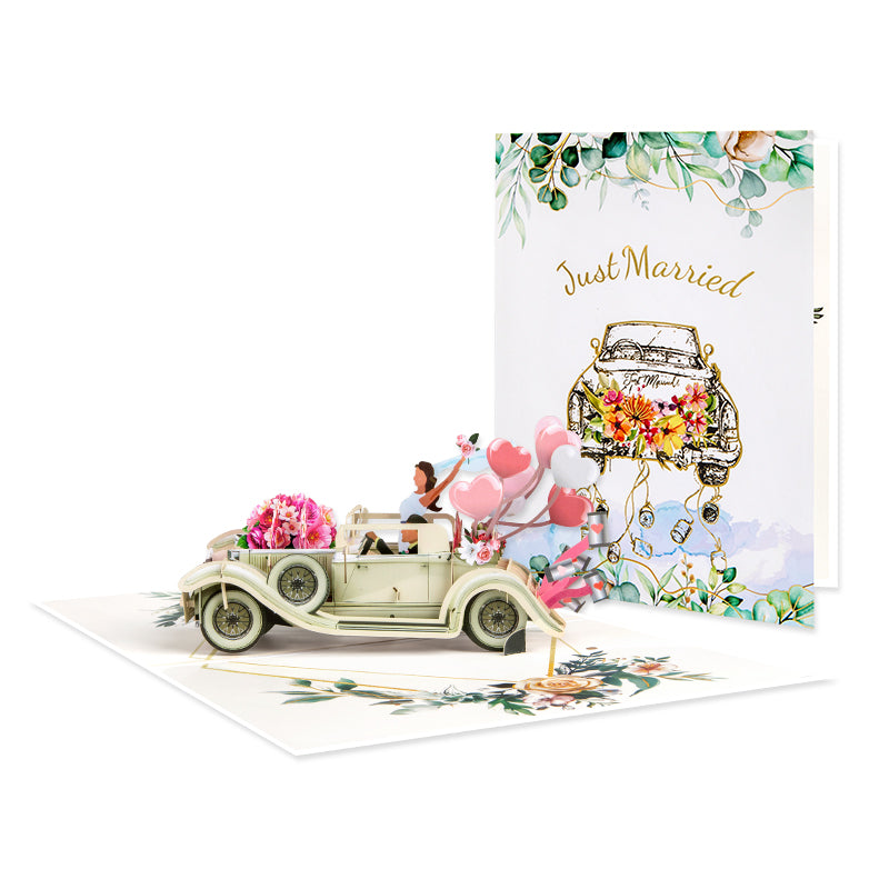 Vintage Car with Bride & Groom “Just Married” 3D Pop Up Wedding Congratulations Card